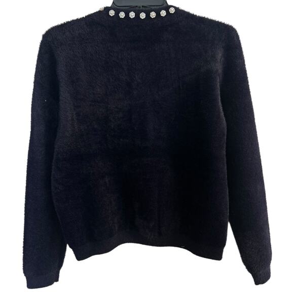 Cyrus Navy Fuzzy Embellished Rhinestone Button Cardigan Sweater Medium NWT - Picture 2 of 6